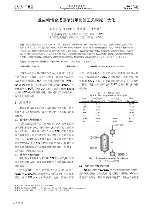 反应精馏合成亚硝酸甲酯的工艺模拟与优化