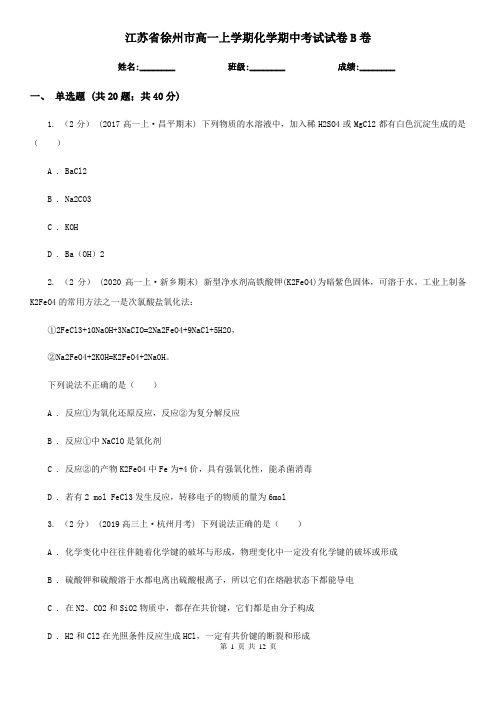 江苏省徐州市高一上学期化学期中考试试卷B卷