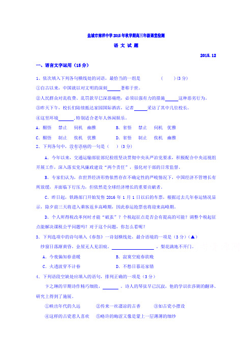 江苏省盐城市亭湖区南洋中学高三上学期第二次阶段考试语文试题 无答案