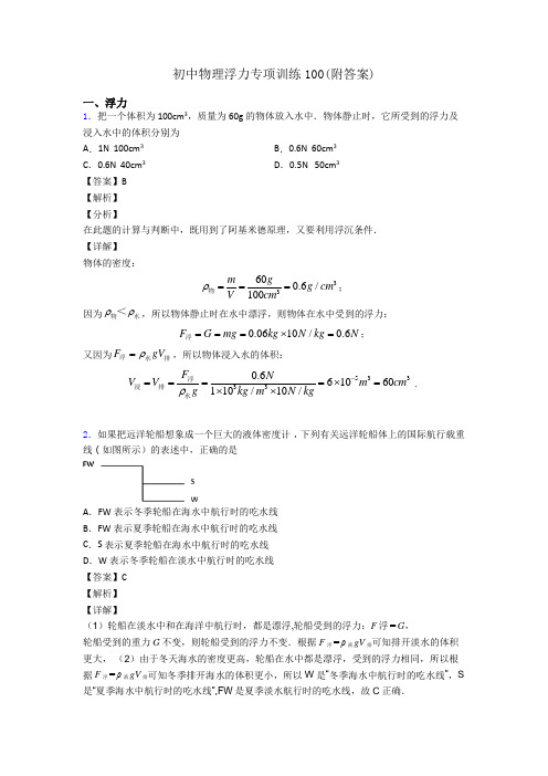 初中物理浮力专项训练100(附答案)