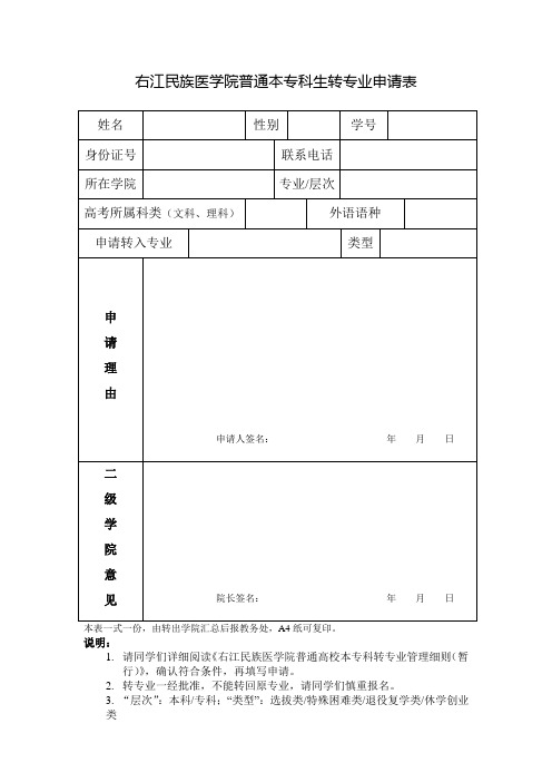 右江民族医学院普通本专科生转专业申请表