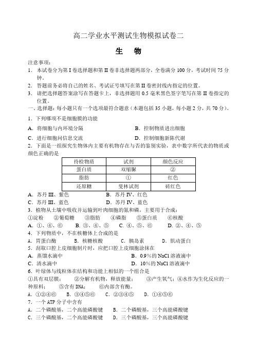 高二学业水平测试生物模拟试卷.doc