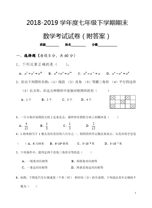 北师大版2018-2019学年度初一数学下册期末考试试卷及答案