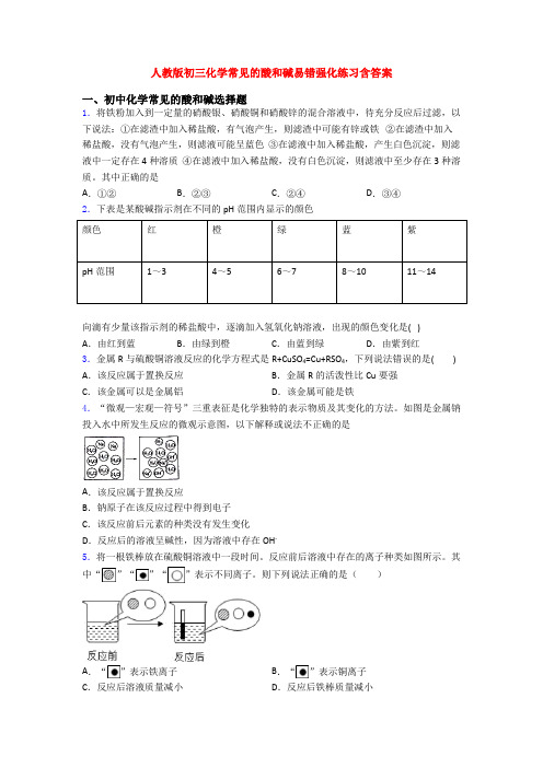 人教版初三化学常见的酸和碱易错强化练习含答案