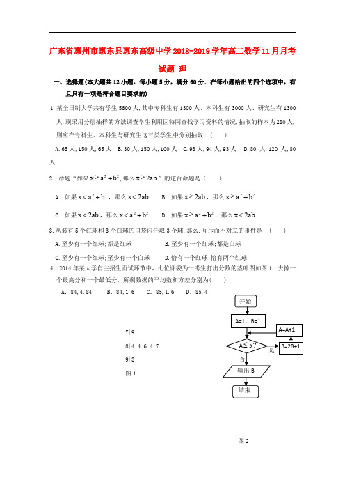 2018-2019学年广东省惠州市惠东县惠东高级中学高二数学11月月考(理科)试卷含答案