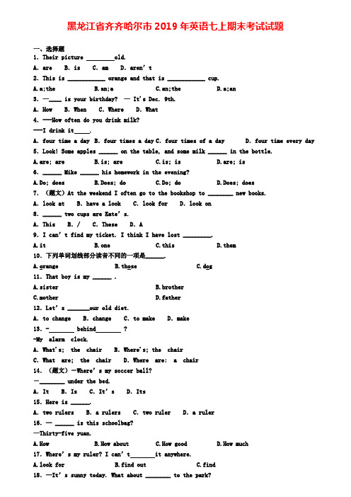 黑龙江省齐齐哈尔市2019年英语七上期末考试试题
