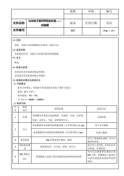 电池铝塑膜检验标准