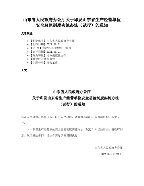 山东省人民政府办公厅关于印发山东省生产经营单位安全总监制度实施办法（试行）的通知