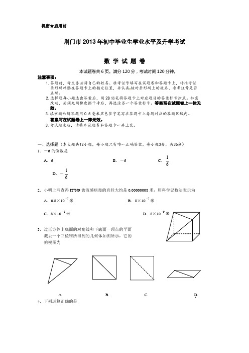 荆门市2013年初中毕业生学业水平及升学考试 数学试题卷