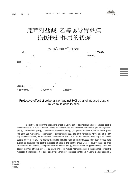 鹿茸对盐酸-乙醇诱导胃黏膜损伤保护作用