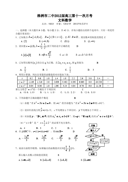 株洲市二中2012届高三第十一次月考文科数学(附答案)