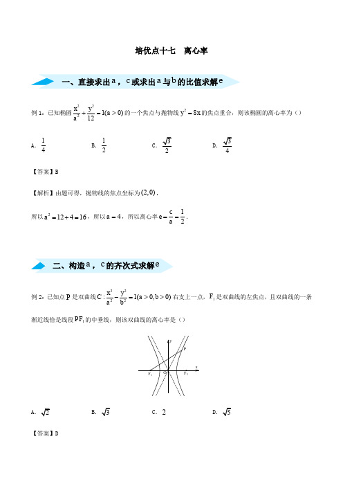 2020届高考数学专题十七离心率精准培优专练文