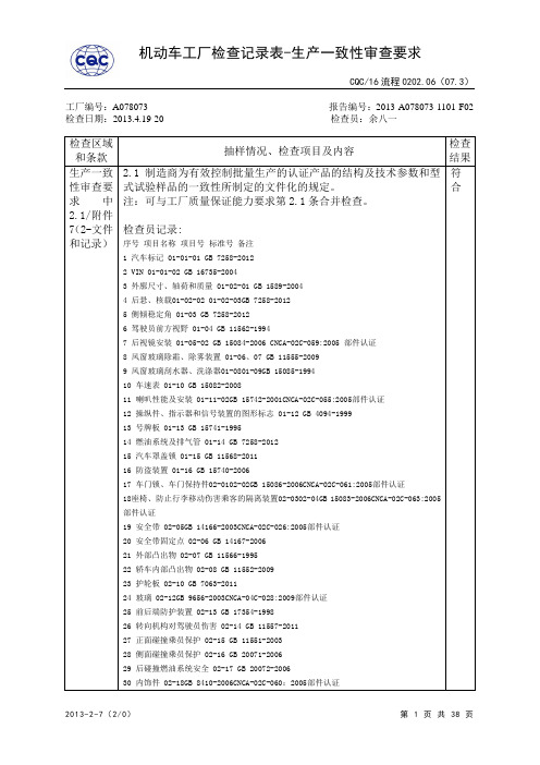 机动车工厂检查记录表生产一致性审查要求