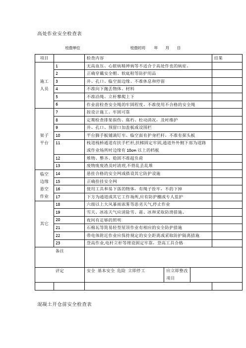 高处作业安全检查表