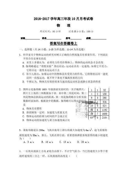 福建省福州教育学院附属中学2017届高三10月月考物理试题 Word版缺答案