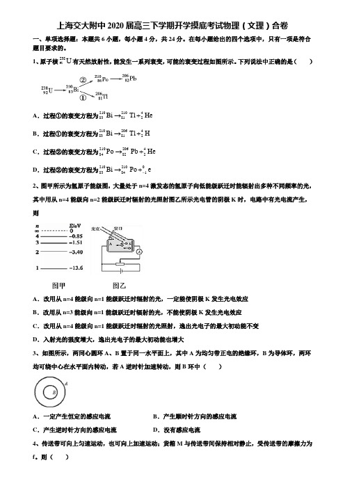 〖含高考模拟卷15套〗上海交大附中2020届高三下学期开学摸底考试物理(文理)合卷含解析