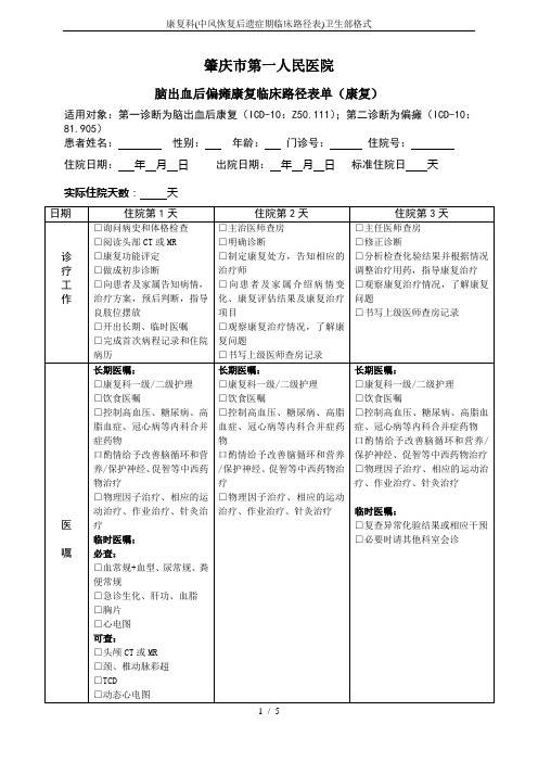 康复科(中风恢复后遗症期临床路径表)卫生部格式