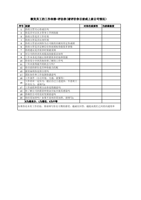 工作热情调查和综合指标自我评估表