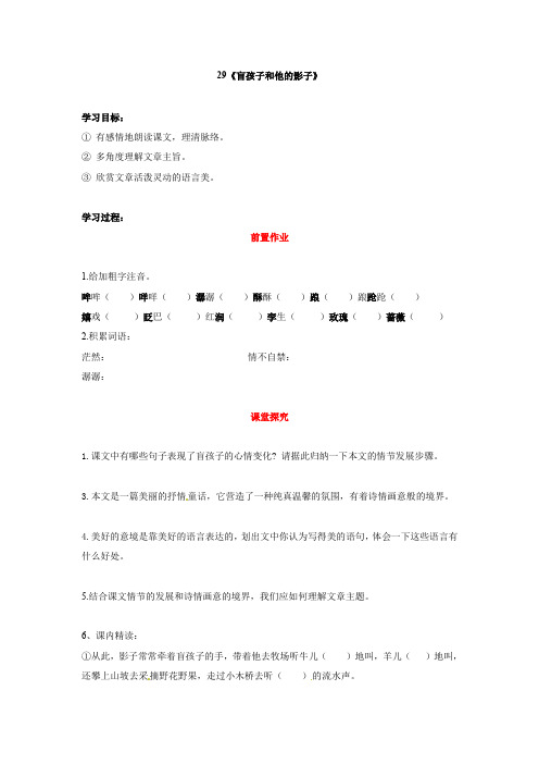 【最新精品】初中语文教案:人教版7年级上册教案及导学案:语文:七年级上册第29课 盲孩子和他的影子 导学