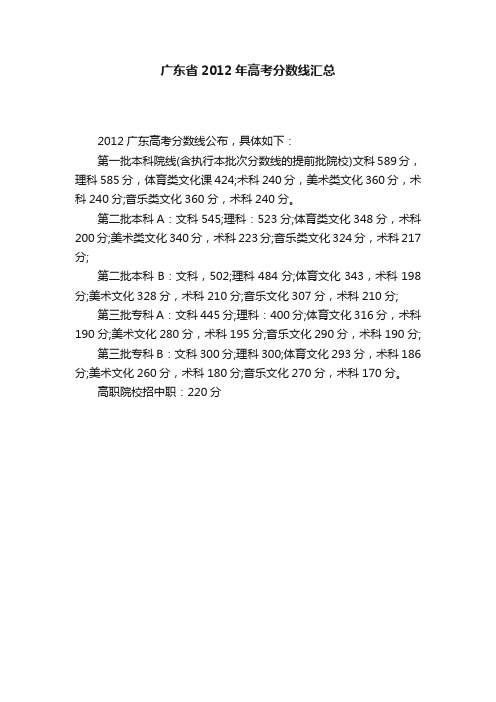 广东省2012年高考分数线汇总