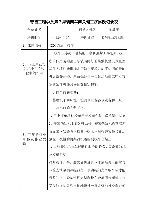 汽车装配车间关键工序实践记录表