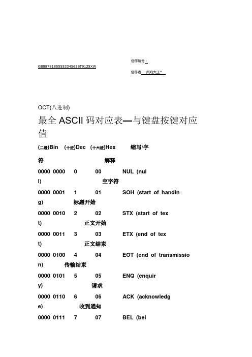 最全ASCII对应码表-键值