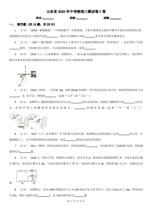 山东省2020年中考物理三模试卷C卷