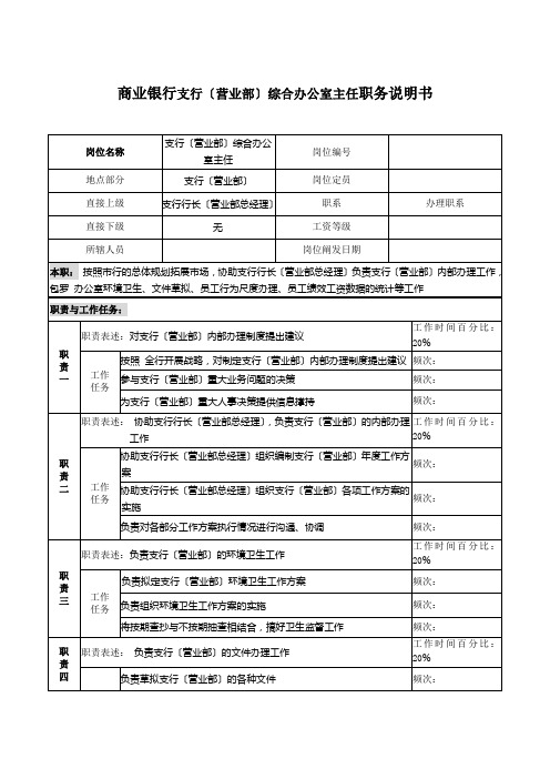 商业银行支行(营业部)综合办公室主任职务说明书