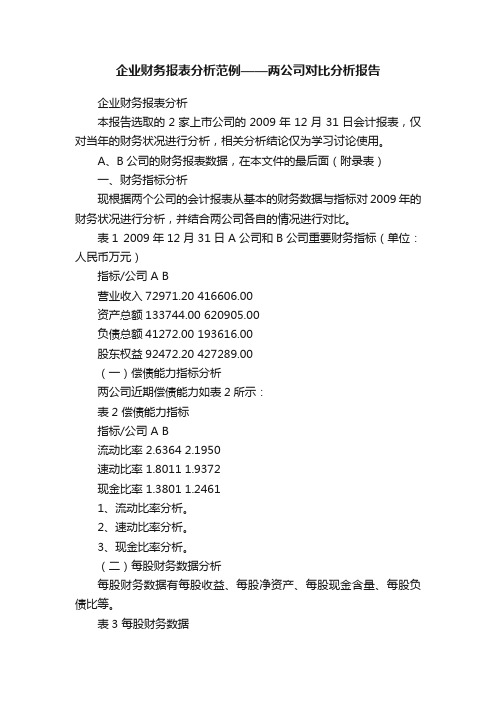 企业财务报表分析范例——两公司对比分析报告