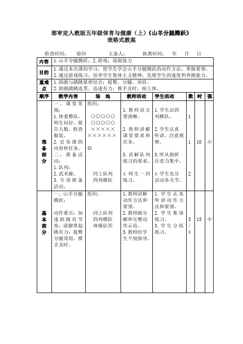 部审定人教版五年级体育与健康(上)《山羊分腿腾跃》表格式教案