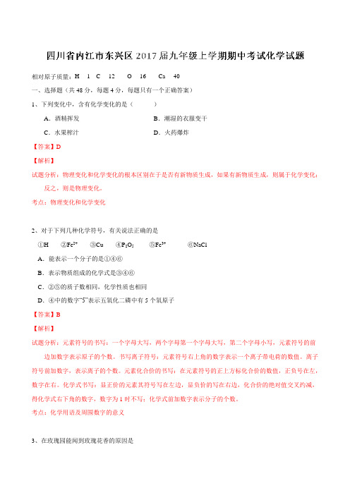 四川省内江市东兴区2017届九年级上学期期中考试化学(解析版)