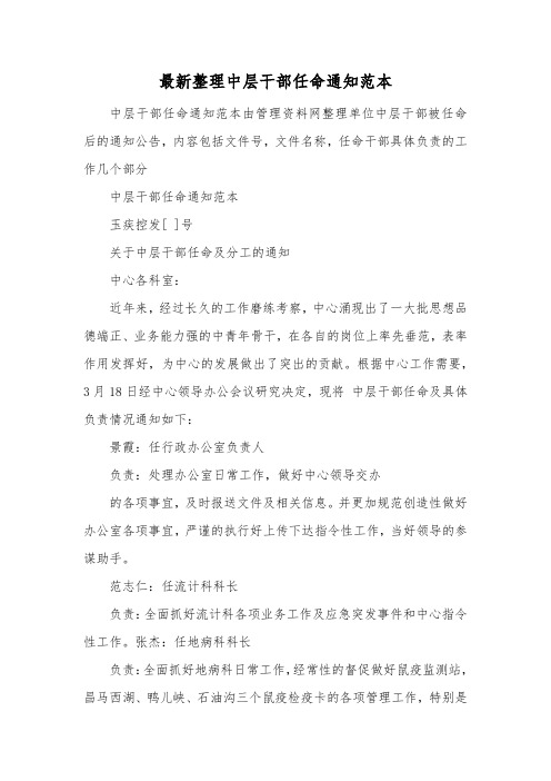 最新整理中层干部任命通知范本.docx