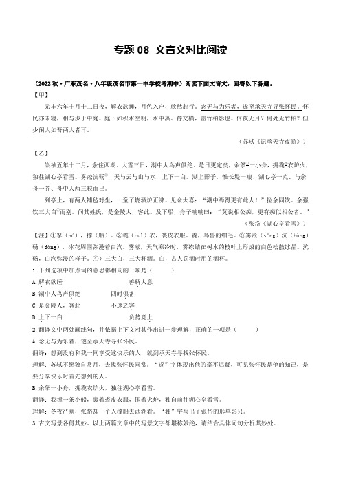 专题08 文言文对比阅读(广东专用)(原卷版)