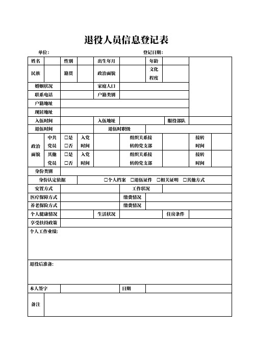 退役人员信息登记表