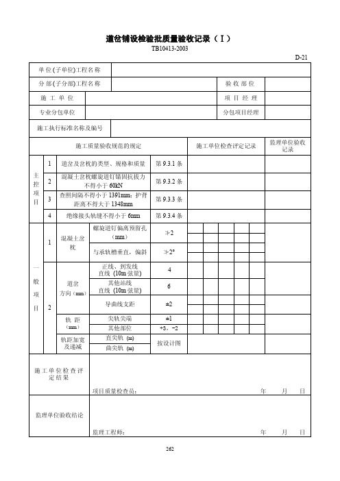 道岔铺设检验批质量验收记录(Ⅰ)