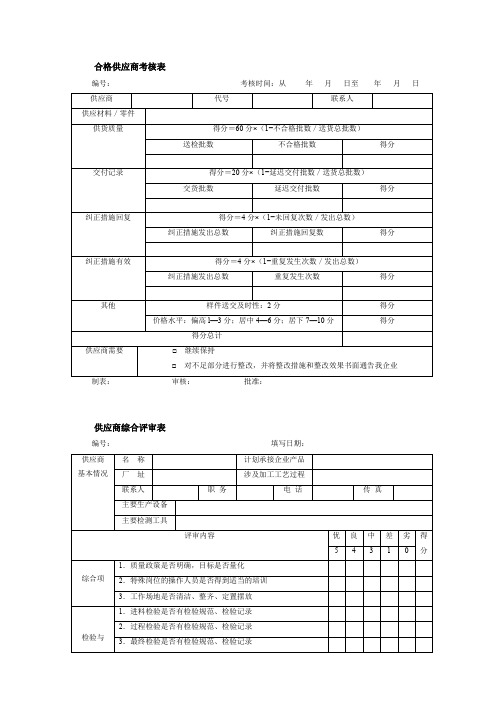 合格供应商考核表、供应商综合评审表