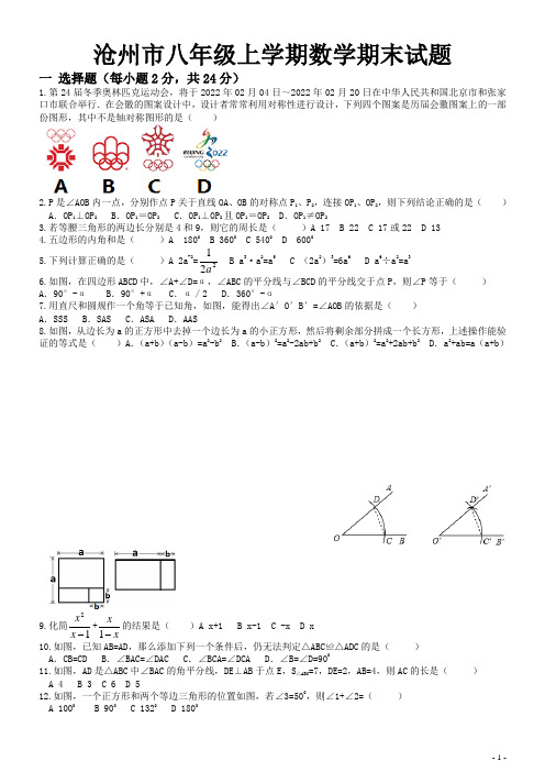 沧州市(2018-2019)八年级上学期数学期末试题