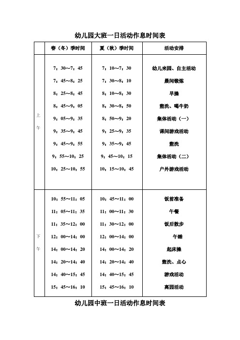 幼儿园各班一日活动作息时间表