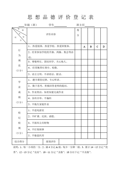 思 想 品 德 评 价 登 记 表