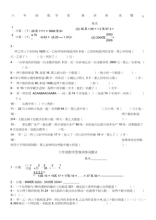 (word完整版)六年级数学思维训练试题