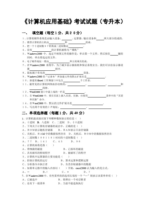 计算机应用基础考试试题(专升本)