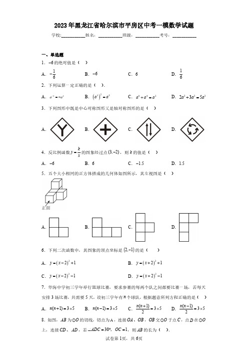 2023年黑龙江省哈尔滨市平房区中考一模数学试题(含答案解析)