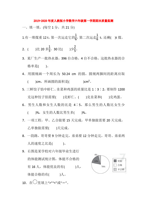 2019-2020年度人教版小学数学六年级第一学期期末质量监测