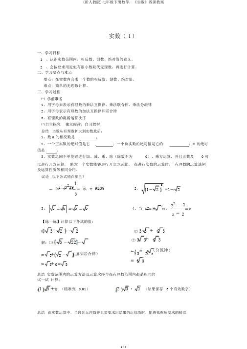 (新人教版)七年级下册数学：《实数》教学学案