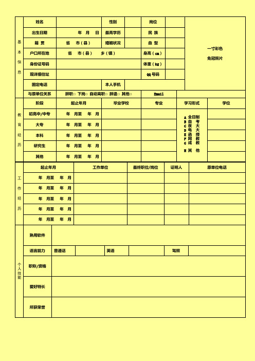 幼儿教师空白简历表格