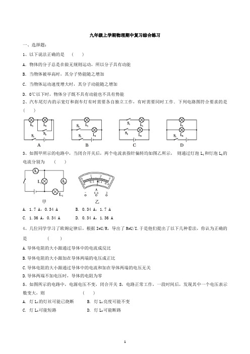 山东省郯城县第三中学2020-2021学年九年级上学期物理期中复习综合练习