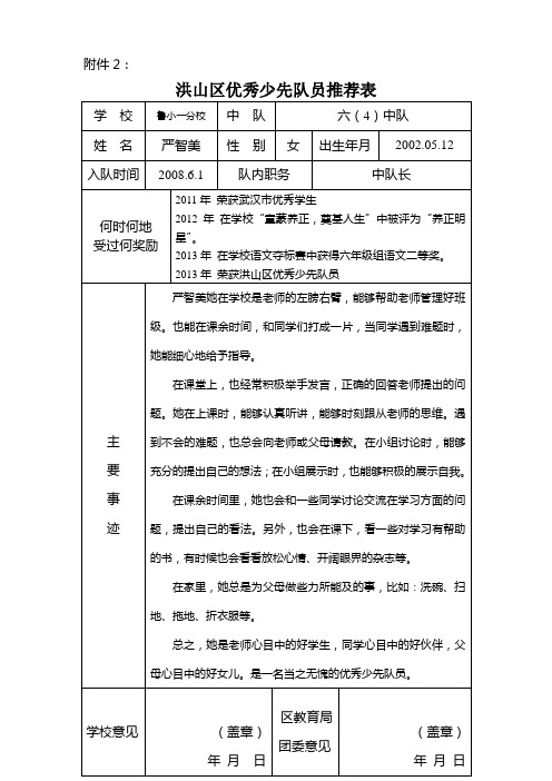 区优秀少先队员推荐表