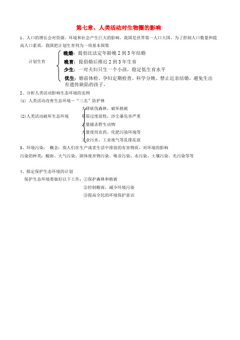 吉安市三中七年级生物下册第四单元生物圈中的人第七章人类活动对生物圈的影响知识总结新版新人教版