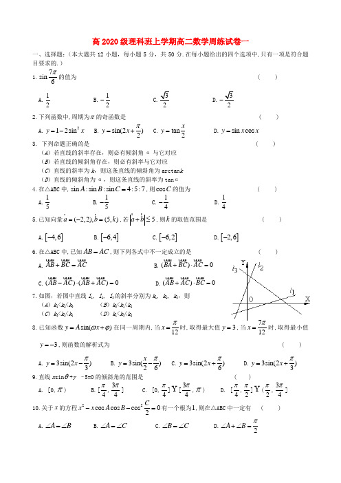 高2020级理科班上学期高二数学周练试卷一 新课标 人教版