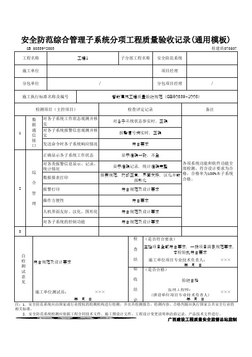 安全防范综合管理子系统分项工程质量验收记录(通用模板)